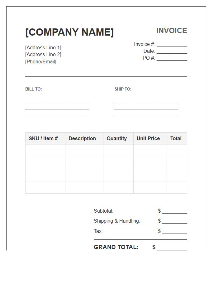 Wholesale Order Purchase Invoice Template