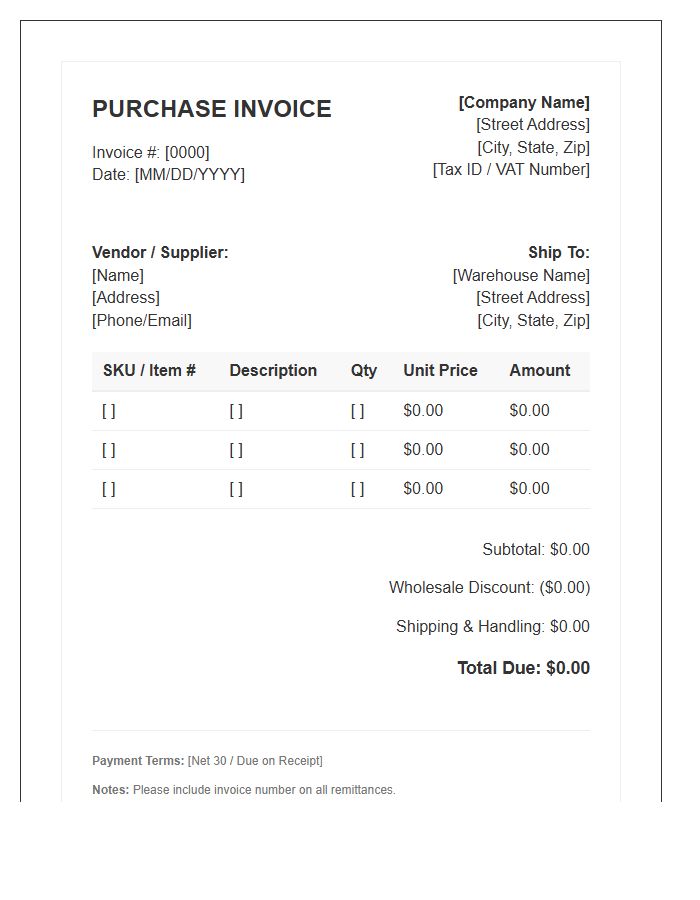 Wholesale Product Purchase Invoice Template
