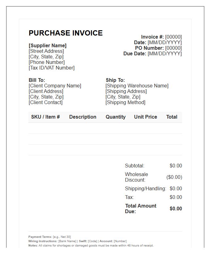 Wholesale Supplier Purchase Invoice Template