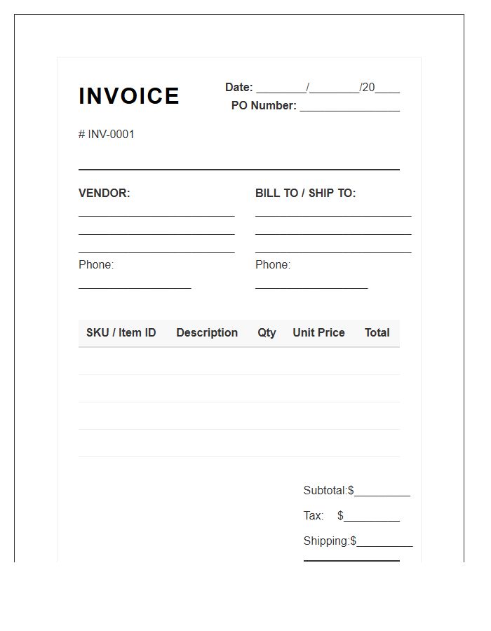 Wholesale Vendor Purchase Invoice Template
