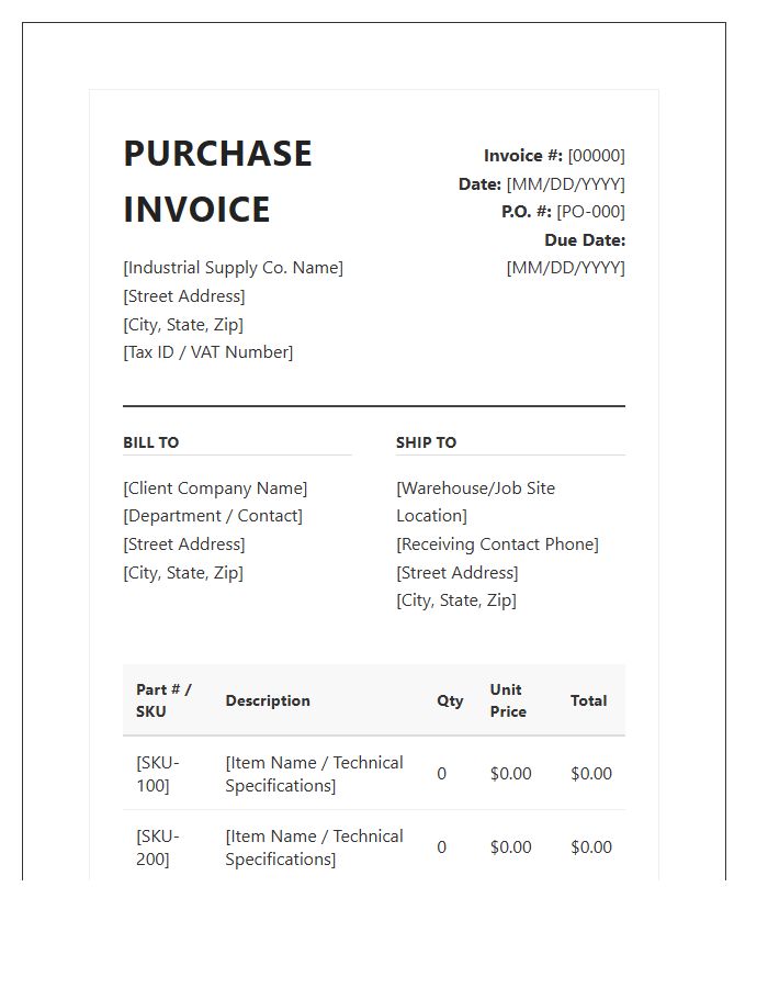 Industrial Supply Purchase Invoice Template