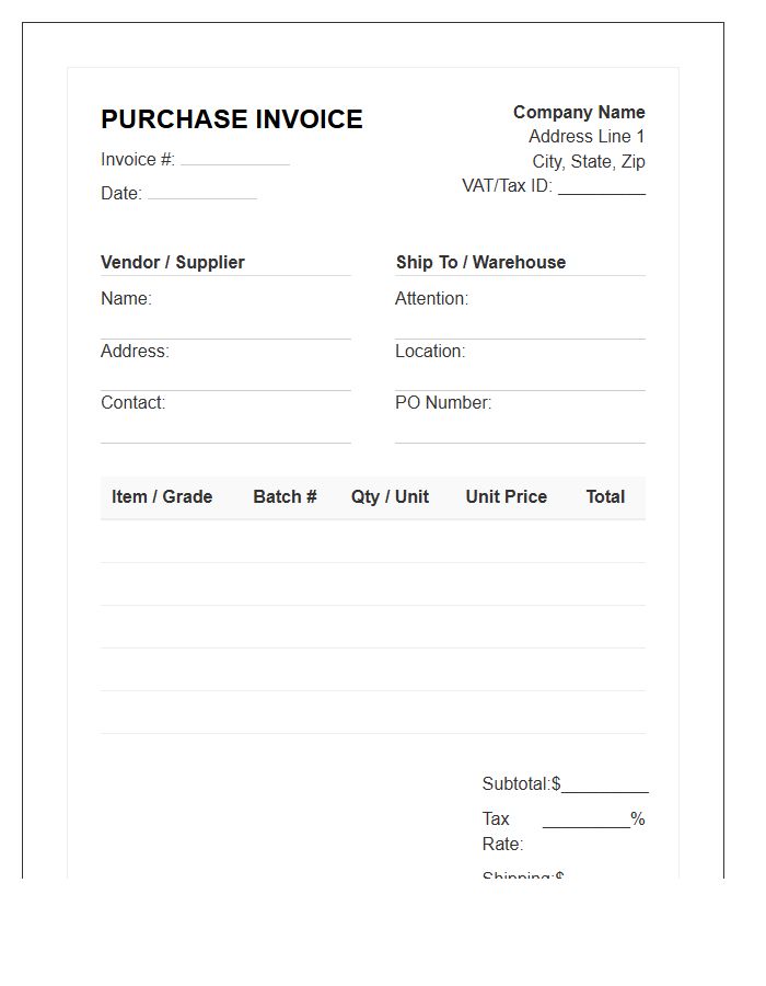 Raw Material Purchase Invoice Template
