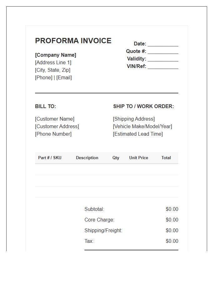 Aftermarket Automotive Parts Proforma Invoice Template
