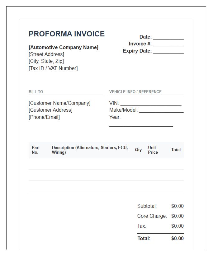 Automotive Electrical Parts Proforma Invoice Template