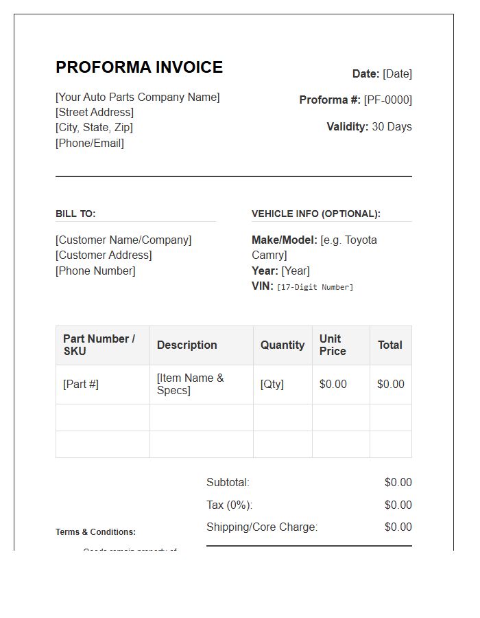 Automotive Spare Parts Proforma Invoice Template