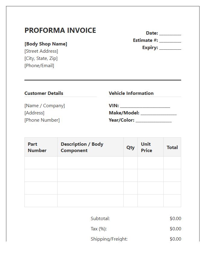 Body Shop Parts Proforma Invoice Template