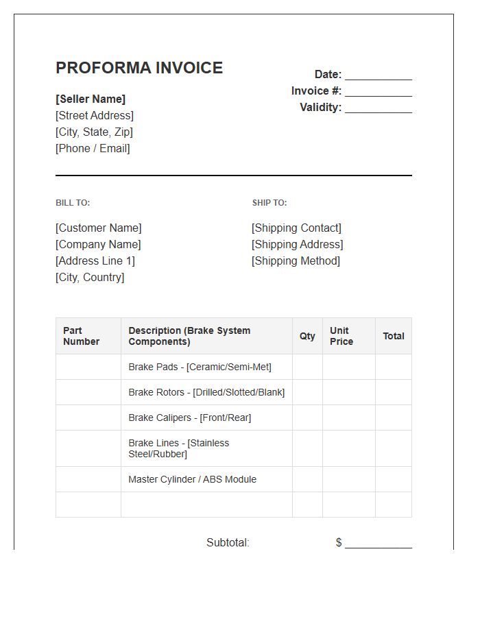 Brake System Parts Proforma Invoice Template