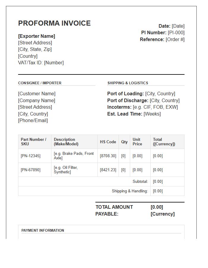 Car Parts Export Proforma Invoice Template