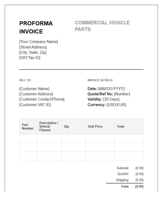 Commercial Vehicle Parts Proforma Invoice Template