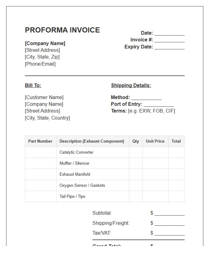 Exhaust System Parts Proforma Invoice Template