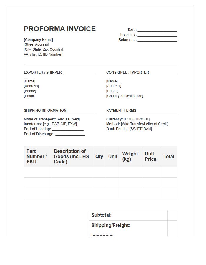 International Shipping Automotive Parts Proforma Invoice Template