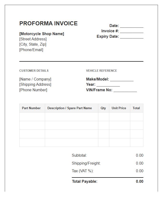 Motorcycle Spare Parts Proforma Invoice Template
