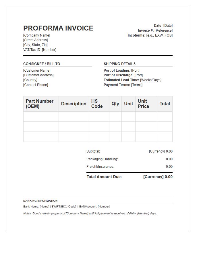 OEM Automotive Parts Proforma Invoice Template