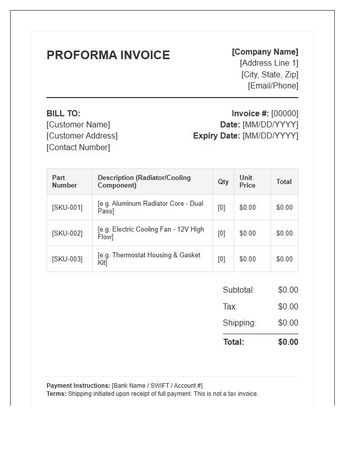 Radiator And Cooling Parts Proforma Invoice Template