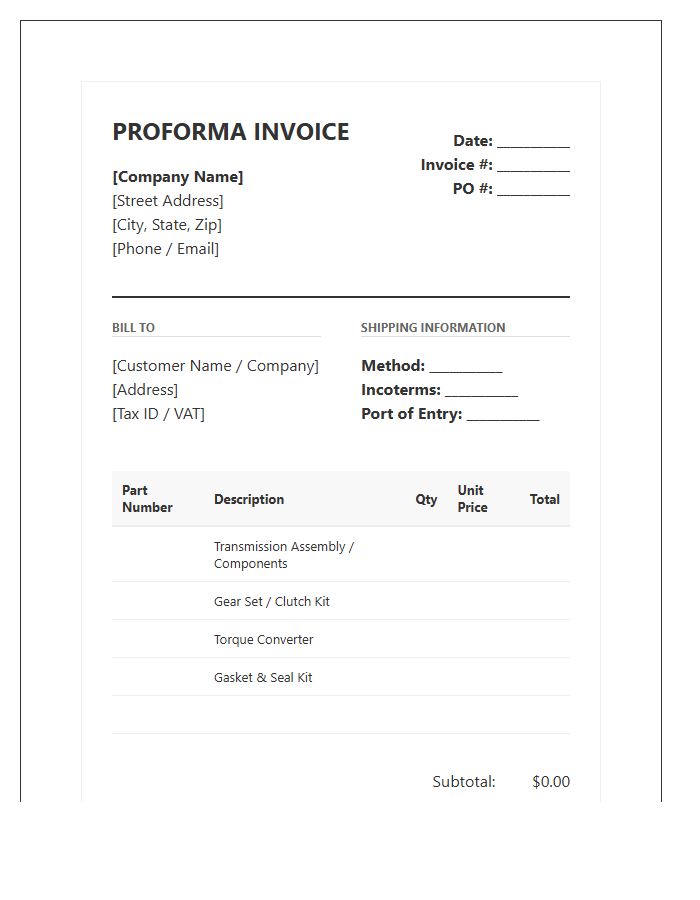 Transmission Parts Proforma Invoice Template