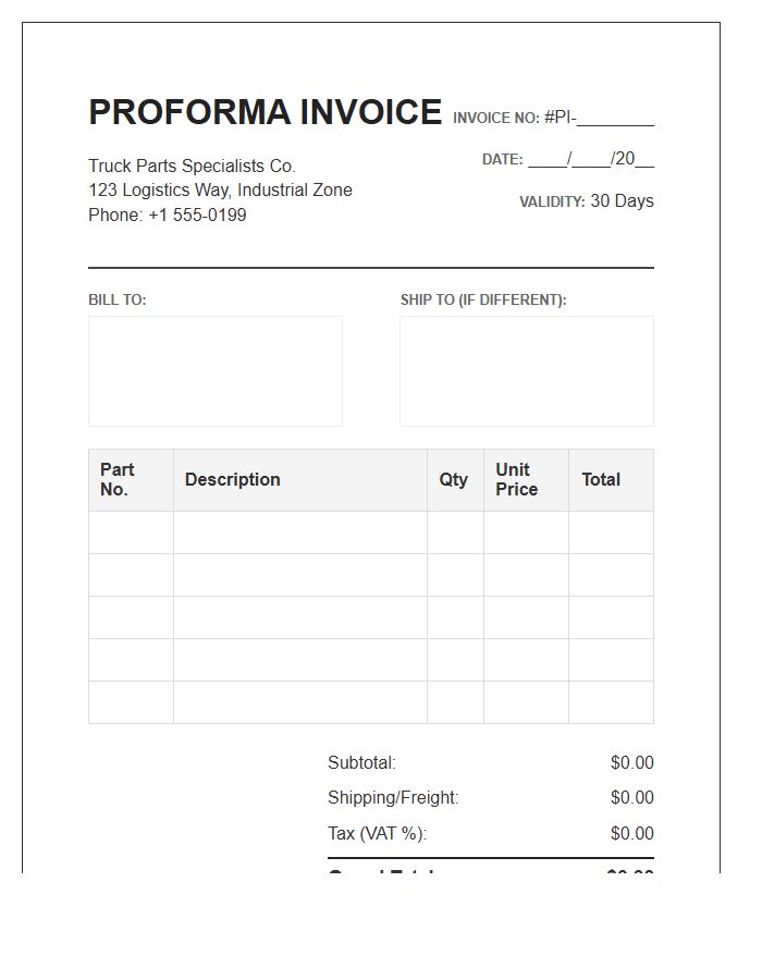 Truck Spare Parts Proforma Invoice Template