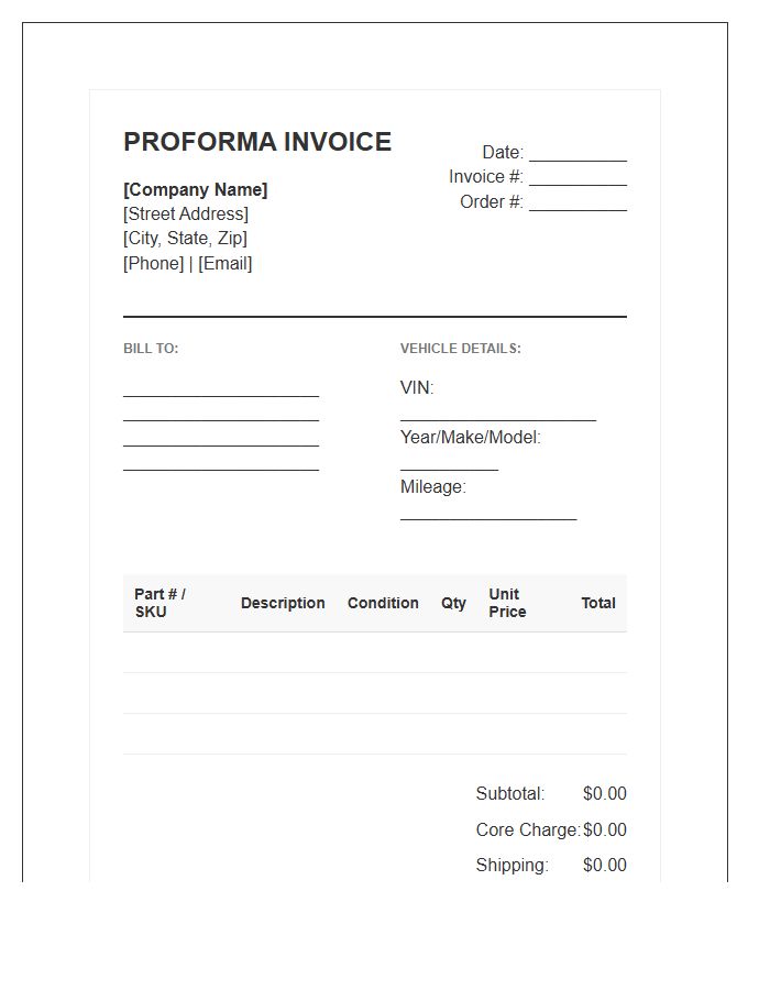 Used Auto Parts Proforma Invoice Template