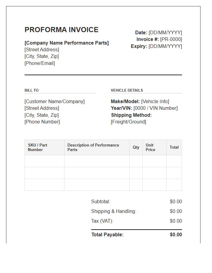 Vehicle Performance Parts Proforma Invoice Template