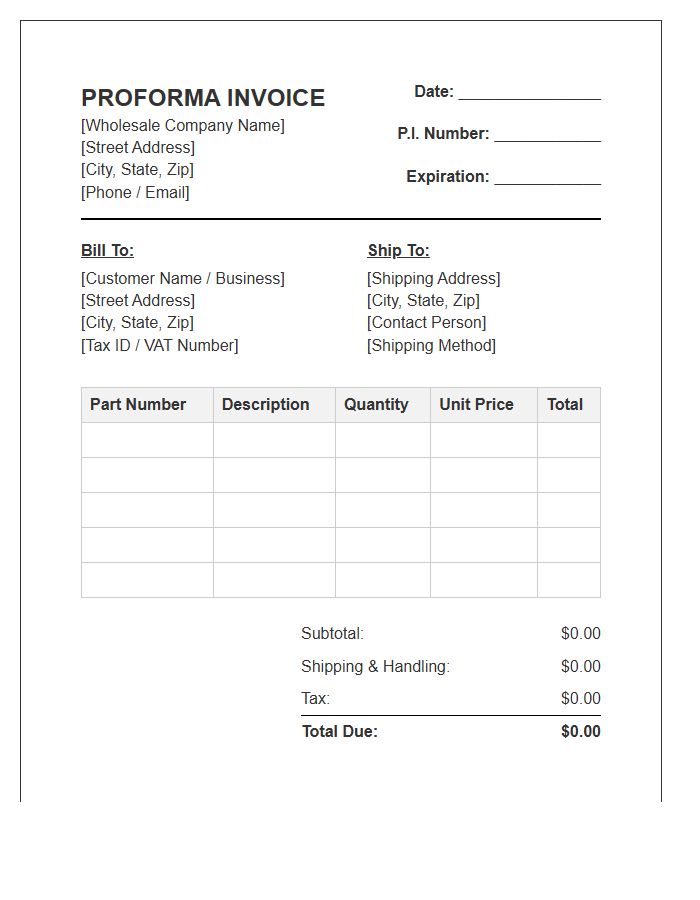 Wholesale Auto Parts Proforma Invoice Template