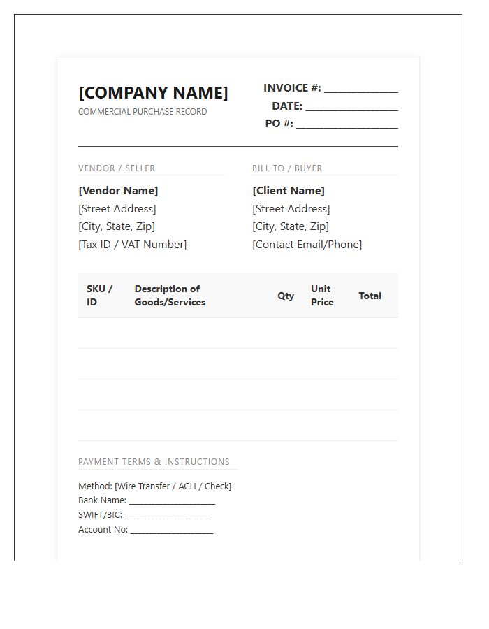 Advanced Commercial Purchase Record Invoice Template