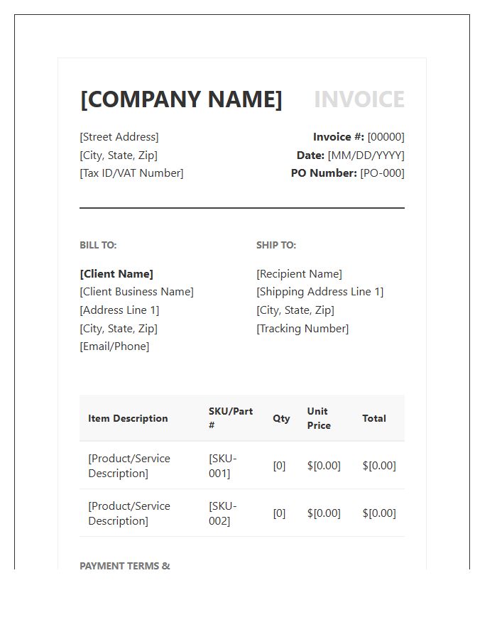 Comprehensive Commercial Purchase Document Invoice Template