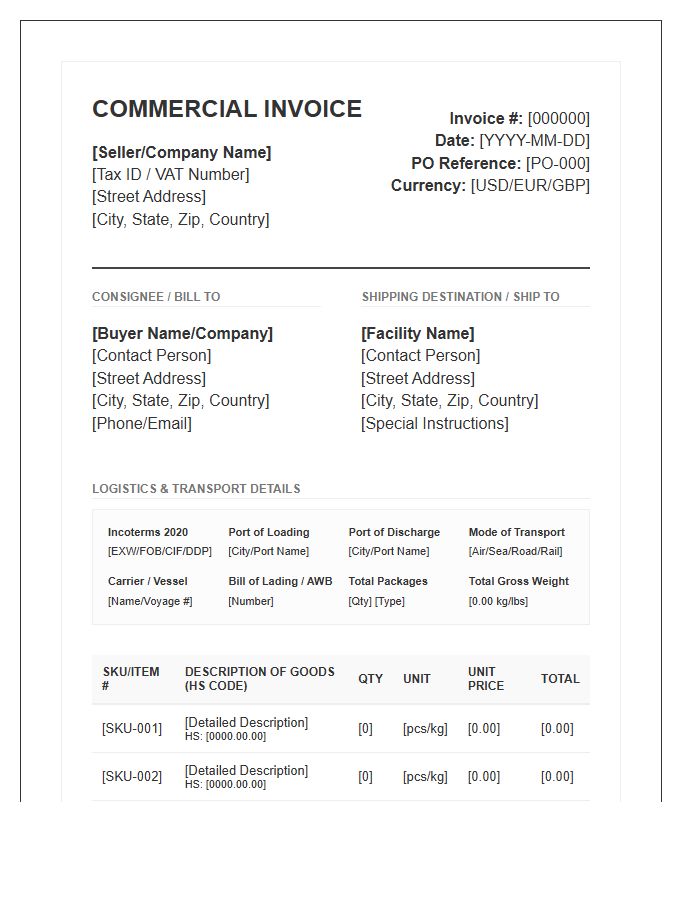 Detailed Commercial Purchase Logistics Invoice Template