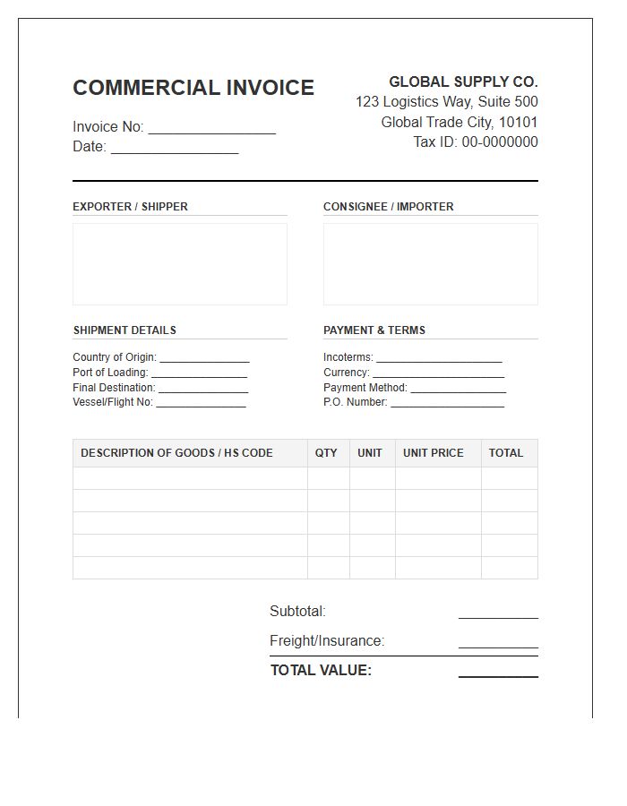 Global Supply Commercial Purchase Invoice Template