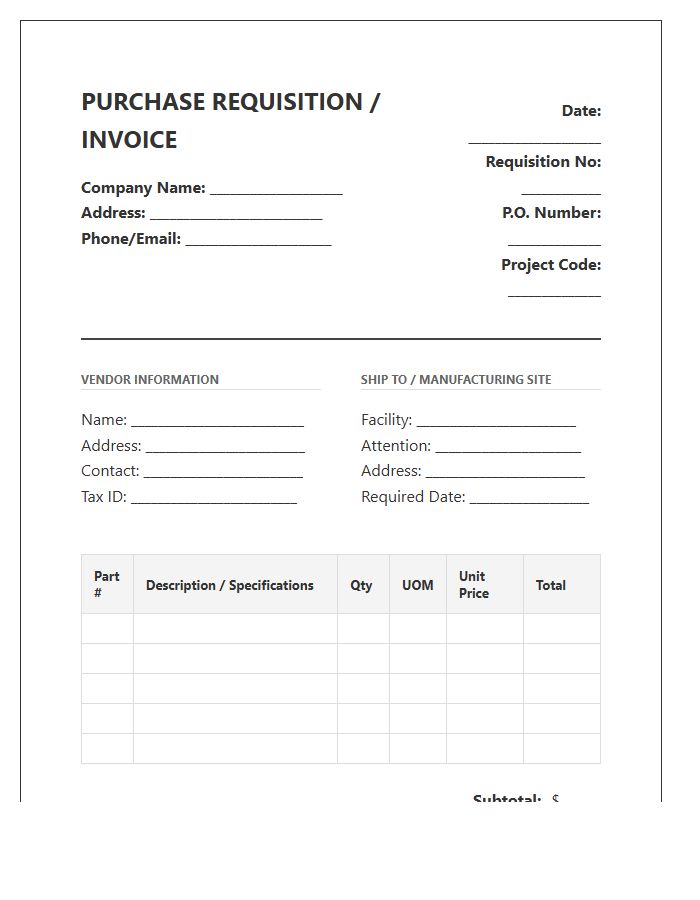Manufacturing Commercial Purchase Requisition Invoice Template