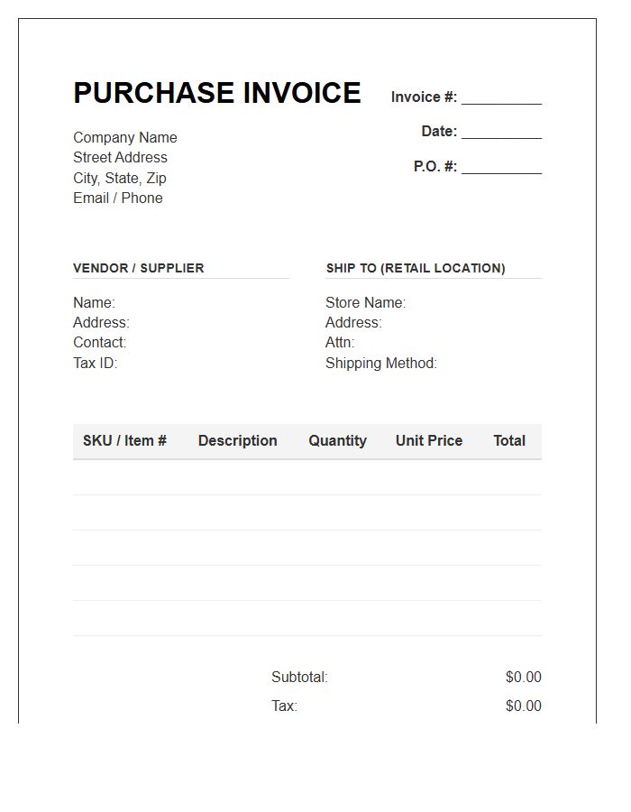 Retail Commercial Purchase Inventory Invoice Template