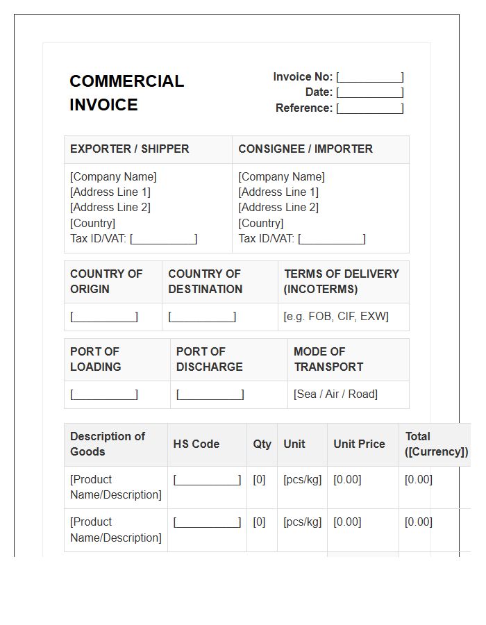 Standard Export Commercial Purchase Invoice Template