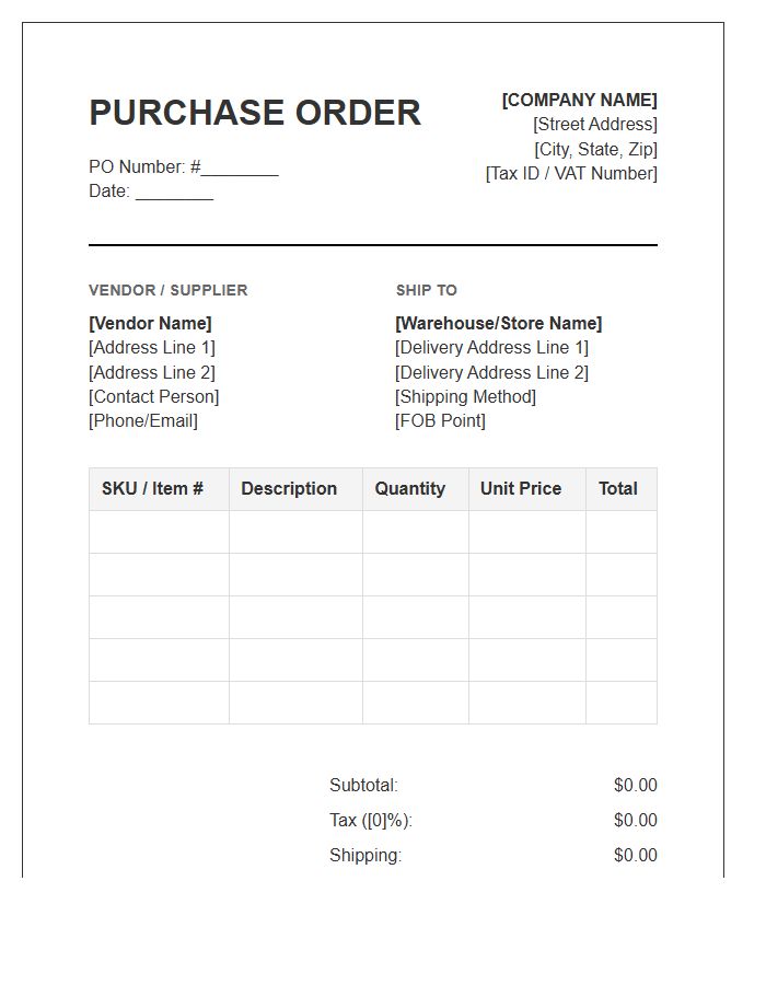 Wholesale Commercial Purchase Order Invoice Template