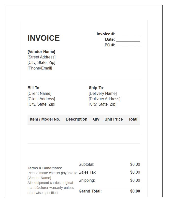 Audio Visual Equipment Purchase Invoice Template