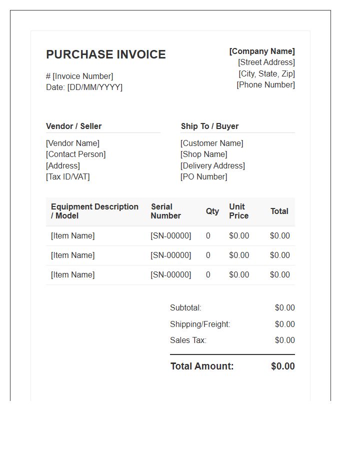 Automotive Repair Equipment Purchase Invoice Template
