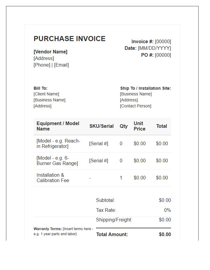 Commercial Kitchen Equipment Purchase Invoice Template