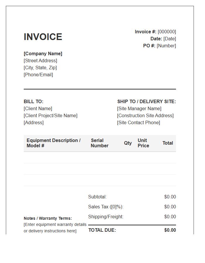 Construction Site Equipment Purchase Invoice Template