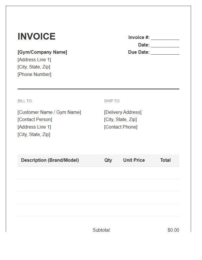 Gym Fitness Equipment Purchase Invoice Template