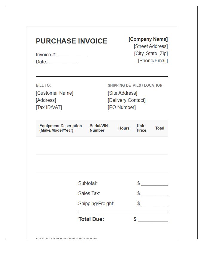 Heavy Machinery Equipment Purchase Invoice Template