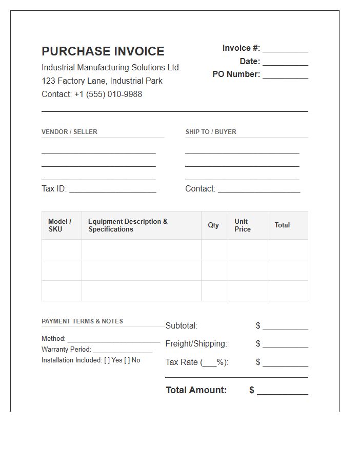 Industrial Manufacturing Equipment Purchase Invoice Template