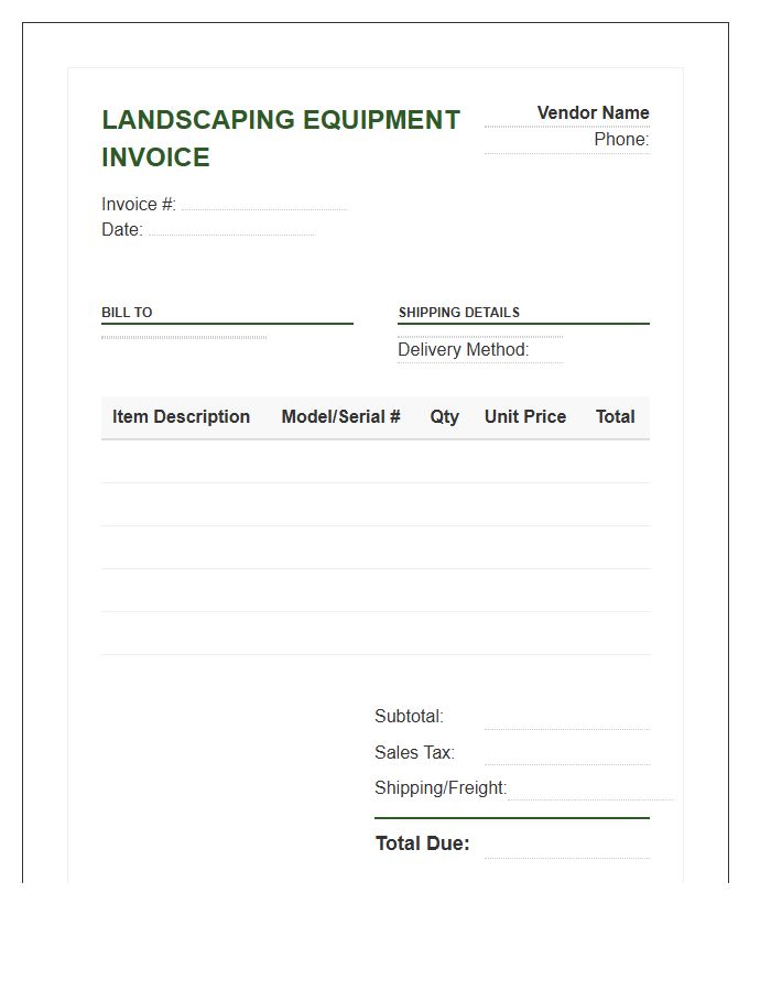 Landscaping Maintenance Equipment Purchase Invoice Template