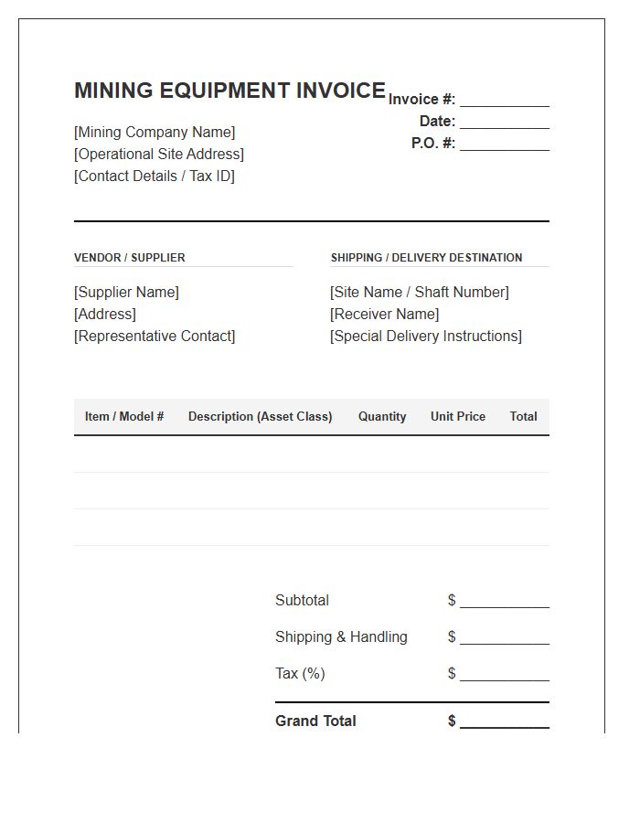 Mining Operations Equipment Purchase Invoice Template