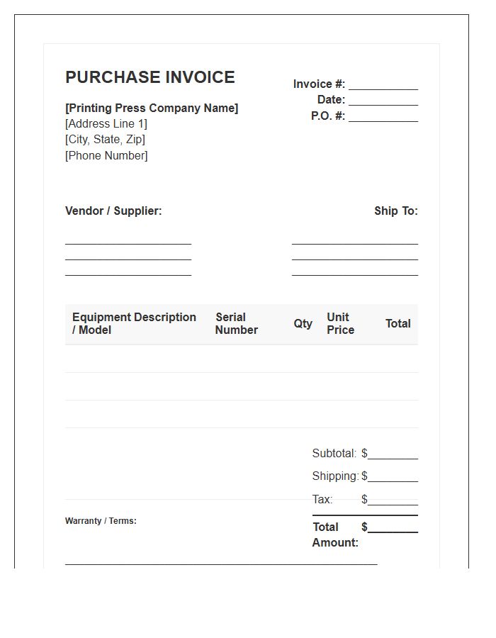 Printing Press Equipment Purchase Invoice Template