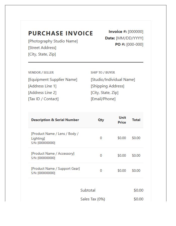 Professional Photography Equipment Purchase Invoice Template