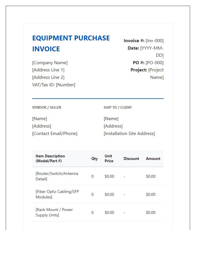 Telecommunications Infrastructure Equipment Purchase Invoice Template