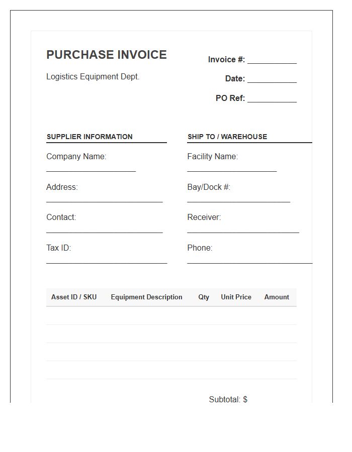Warehousing Logistics Equipment Purchase Invoice Template