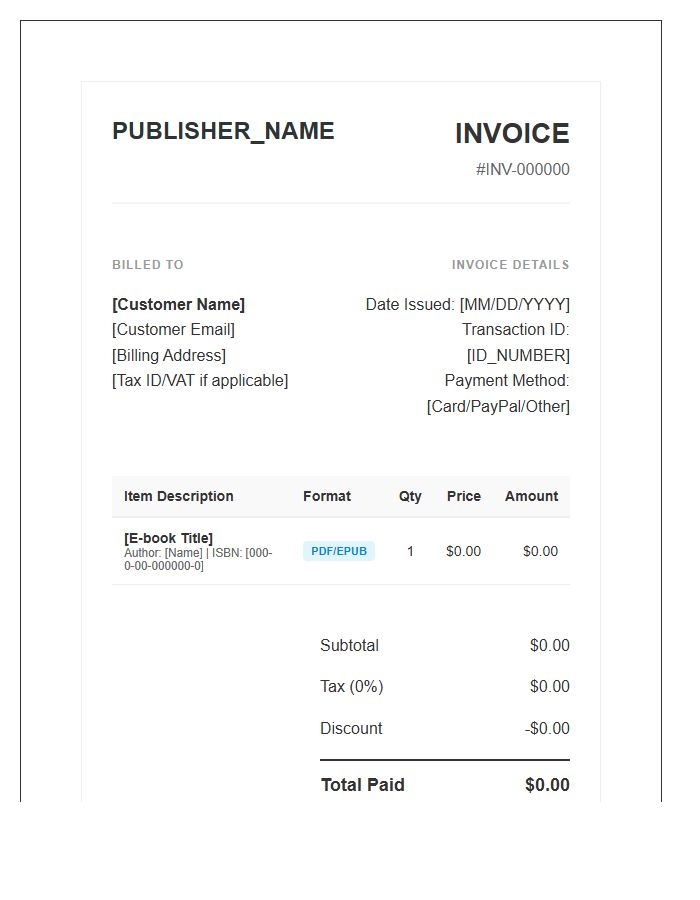 Comprehensive E-book Purchase Invoice Template