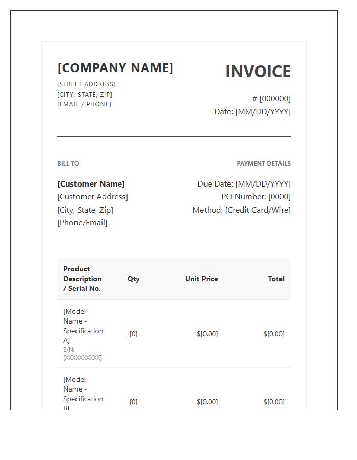 Professional Electronic Product Invoice Template
