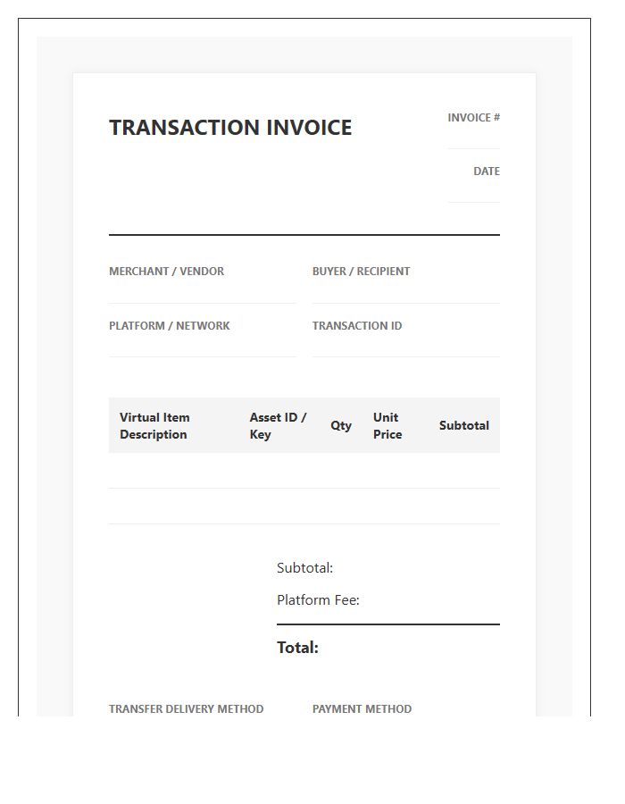 Virtual Goods Transaction Invoice Template