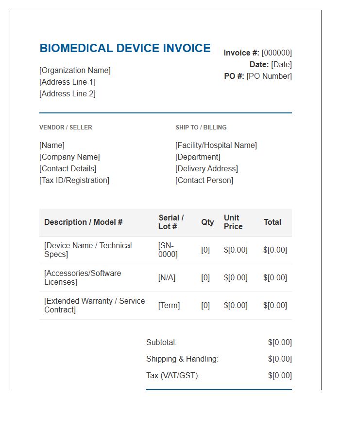 Biomedical Device Purchase Invoice Template