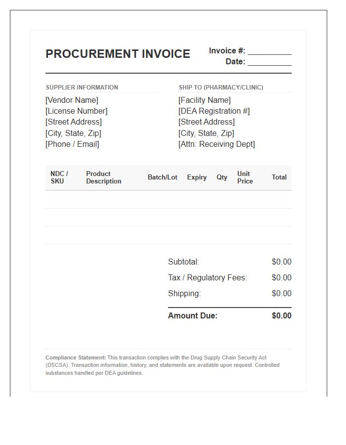 Pharmaceutical Inventory Procurement Invoice Template