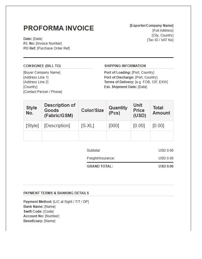 Apparel Sourcing Export Proforma Invoice Template